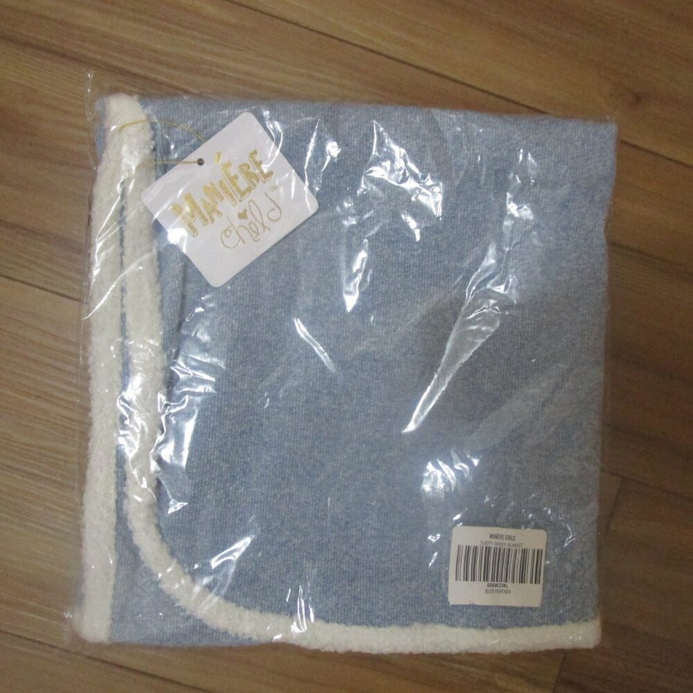 NWT beautiful Manière baby blanket sleepy sheep blue heather with white trim